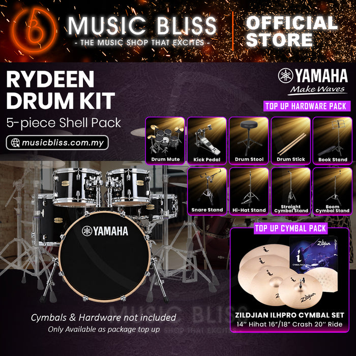 Yamaha Rydeen 5-Piece Acoustic Drum Kit – 20" Bass Drum – Shell Pack Only or Complete Package with Hardware & Cymbals - Black Glitter