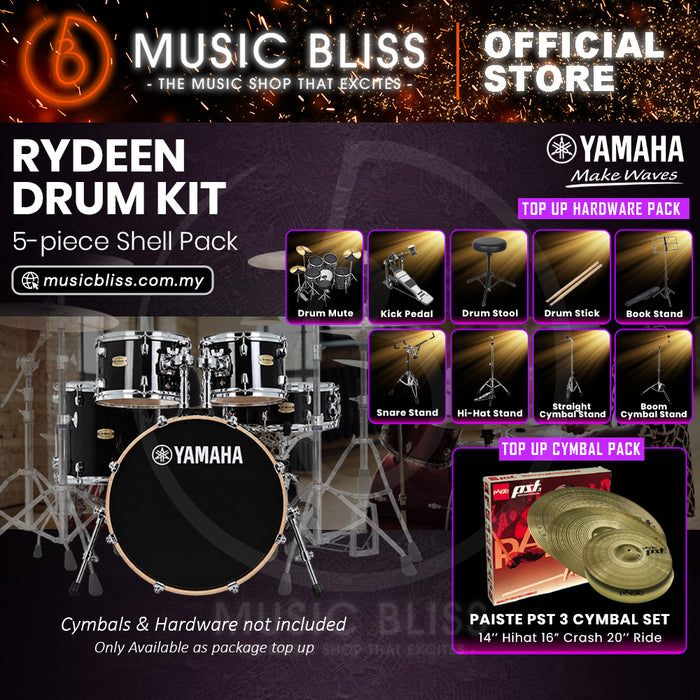 Yamaha Rydeen 5-Piece Acoustic Drum Kit – 20" Bass Drum – Shell Pack Only or Complete Package with Hardware & Cymbals - Black Glitter