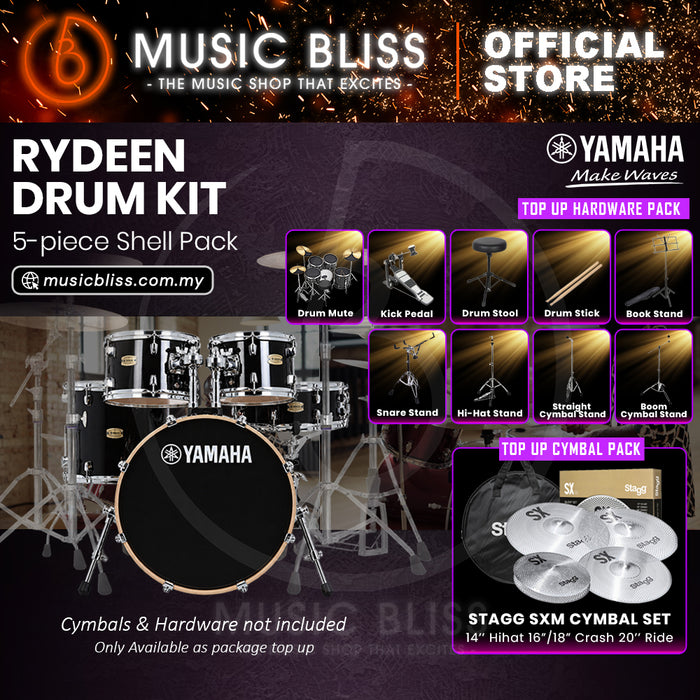 Yamaha Rydeen 5-Piece Acoustic Drum Kit – 20" Bass Drum – Shell Pack Only or Complete Package with Hardware & Cymbals - Black Glitter