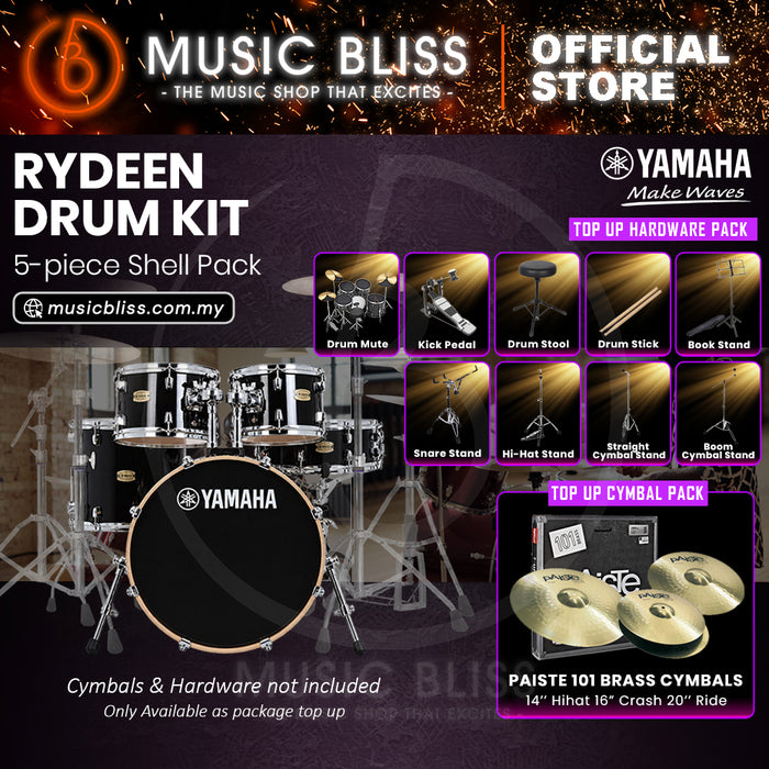 Yamaha Rydeen 5-Piece Acoustic Drum Kit – 20" Bass Drum – Shell Pack Only or Complete Package with Hardware & Cymbals - Black Glitter