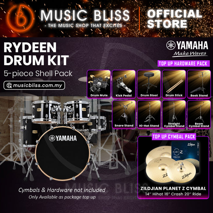 Yamaha Rydeen 5-Piece Acoustic Drum Kit – 20" Bass Drum – Shell Pack Only or Complete Package with Hardware & Cymbals - Black Glitter