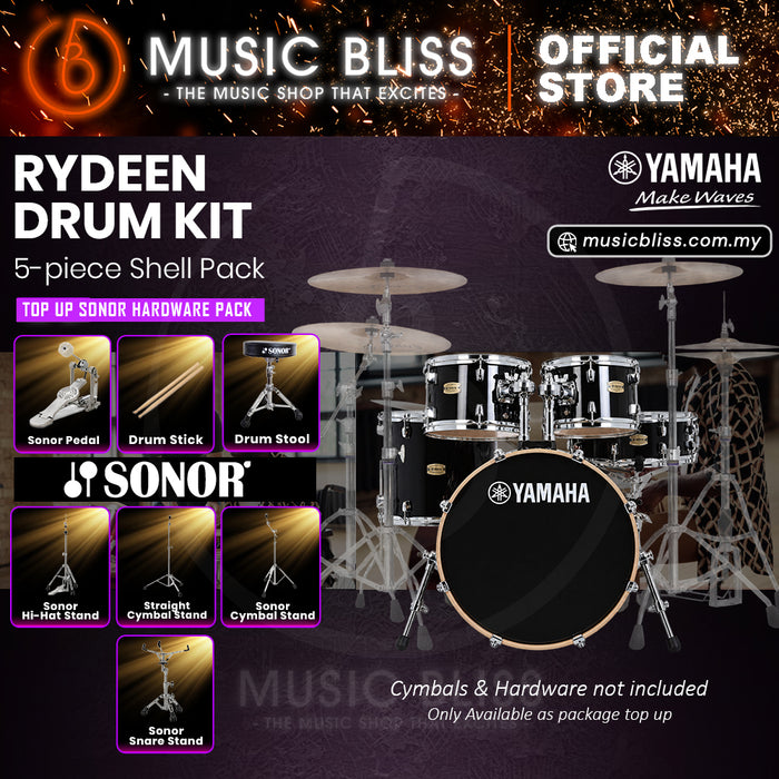 Yamaha Rydeen 5-Piece Acoustic Drum Kit – 20" Bass Drum – Shell Pack Only or Complete Package with Hardware & Cymbals - Black Glitter