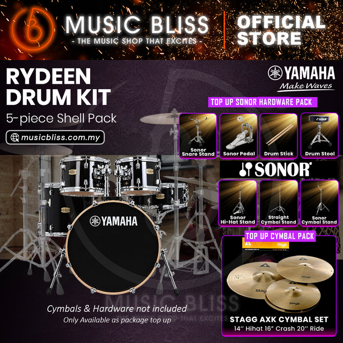 Yamaha Rydeen 5-Piece Acoustic Drum Kit – 20" Bass Drum – Shell Pack Only or Complete Package with Hardware & Cymbals - Black Glitter