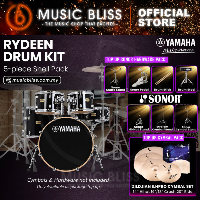 Yamaha Rydeen 5-Piece Acoustic Drum Kit – 20" Bass Drum – Shell Pack Only or Complete Package with Hardware & Cymbals - Black Glitter
