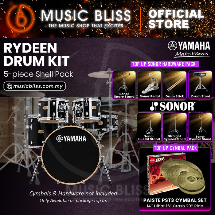 Yamaha Rydeen 5-Piece Acoustic Drum Kit – 20" Bass Drum – Shell Pack Only or Complete Package with Hardware & Cymbals - Black Glitter