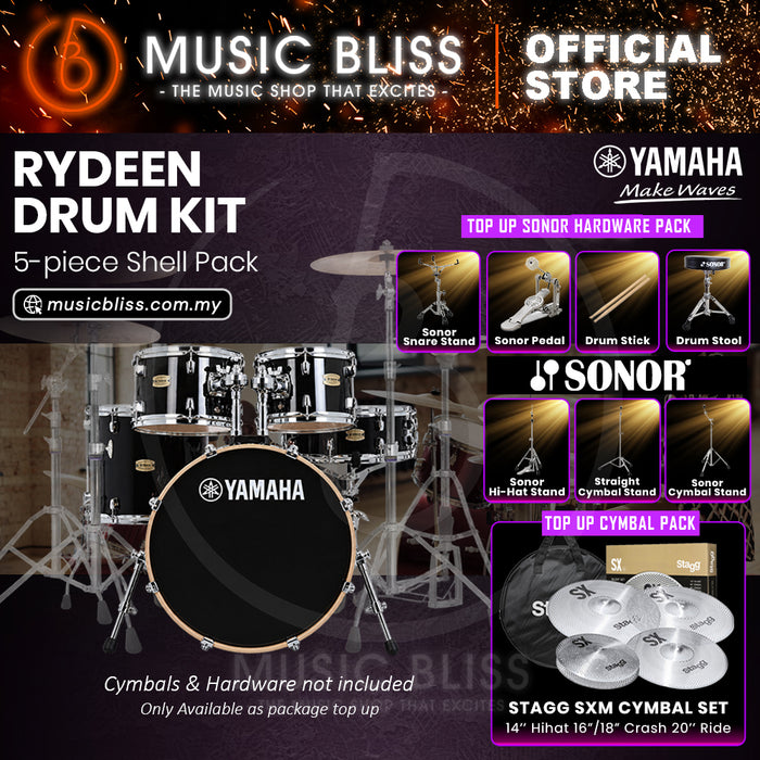 Yamaha Rydeen 5-Piece Acoustic Drum Kit – 20" Bass Drum – Shell Pack Only or Complete Package with Hardware & Cymbals - Black Glitter