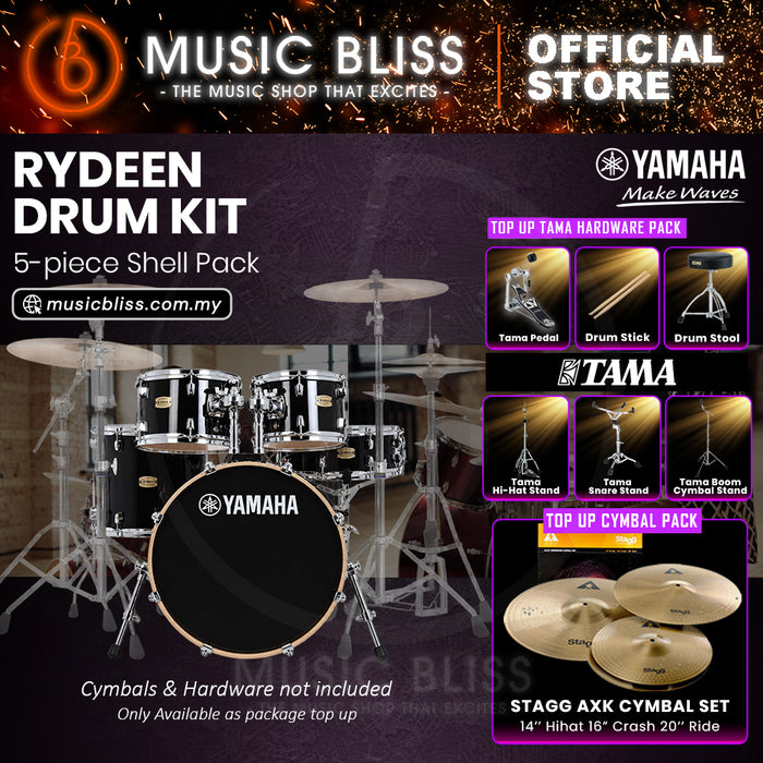 Yamaha Rydeen 5-Piece Acoustic Drum Kit – 20" Bass Drum – Shell Pack Only or Complete Package with Hardware & Cymbals - Black Glitter
