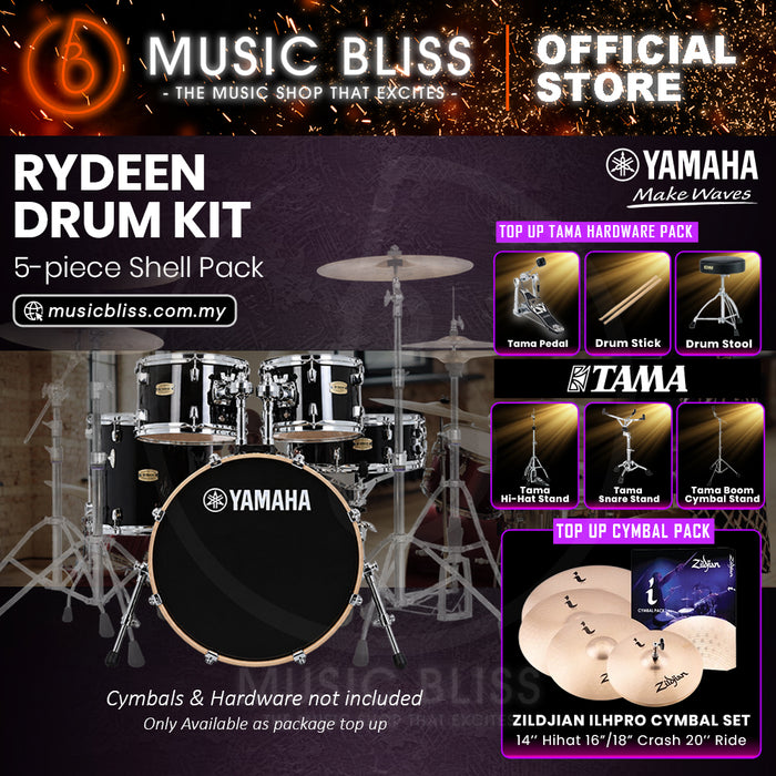 Yamaha Rydeen 5-Piece Acoustic Drum Kit – 20" Bass Drum – Shell Pack Only or Complete Package with Hardware & Cymbals - Black Glitter
