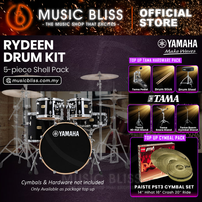 Yamaha Rydeen 5-Piece Acoustic Drum Kit – 20" Bass Drum – Shell Pack Only or Complete Package with Hardware & Cymbals - Black Glitter
