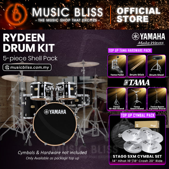 Yamaha Rydeen 5-Piece Acoustic Drum Kit – 20" Bass Drum – Shell Pack Only or Complete Package with Hardware & Cymbals - Black Glitter