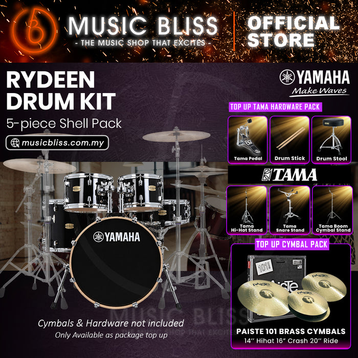 Yamaha Rydeen 5-Piece Acoustic Drum Kit – 20" Bass Drum – Shell Pack Only or Complete Package with Hardware & Cymbals - Black Glitter