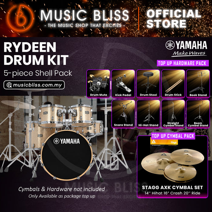 Yamaha Rydeen 5-Piece Acoustic Drum Kit – 20" Bass Drum – Shell Pack Only or Complete Package with Hardware & Cymbals - Champagne Glitter