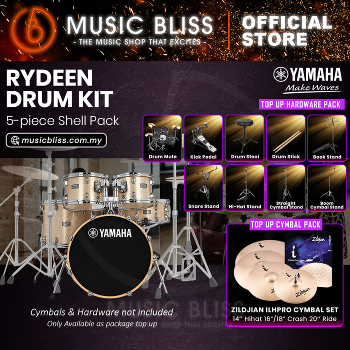 Yamaha Rydeen 5-Piece Acoustic Drum Kit – 20" Bass Drum – Shell Pack Only or Complete Package with Hardware & Cymbals - Champagne Glitter