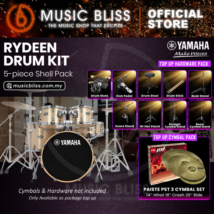 Yamaha Rydeen 5-Piece Acoustic Drum Kit – 20" Bass Drum – Shell Pack Only or Complete Package with Hardware & Cymbals - Champagne Glitter