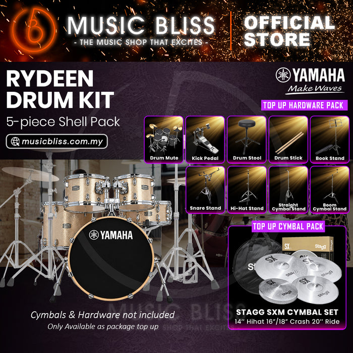 Yamaha Rydeen 5-Piece Acoustic Drum Kit – 20" Bass Drum – Shell Pack Only or Complete Package with Hardware & Cymbals - Champagne Glitter
