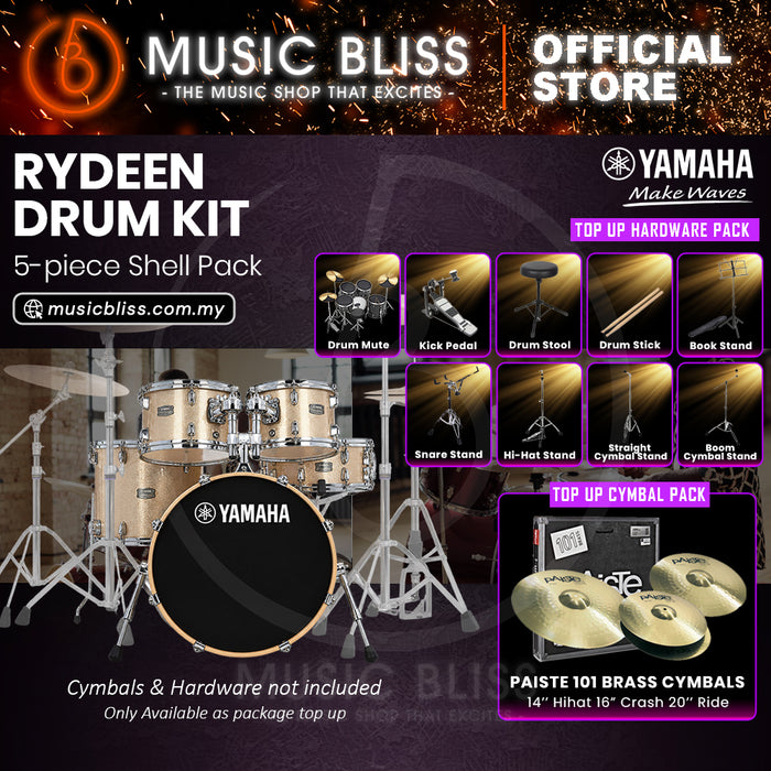 Yamaha Rydeen 5-Piece Acoustic Drum Kit – 20" Bass Drum – Shell Pack Only or Complete Package with Hardware & Cymbals - Champagne Glitter