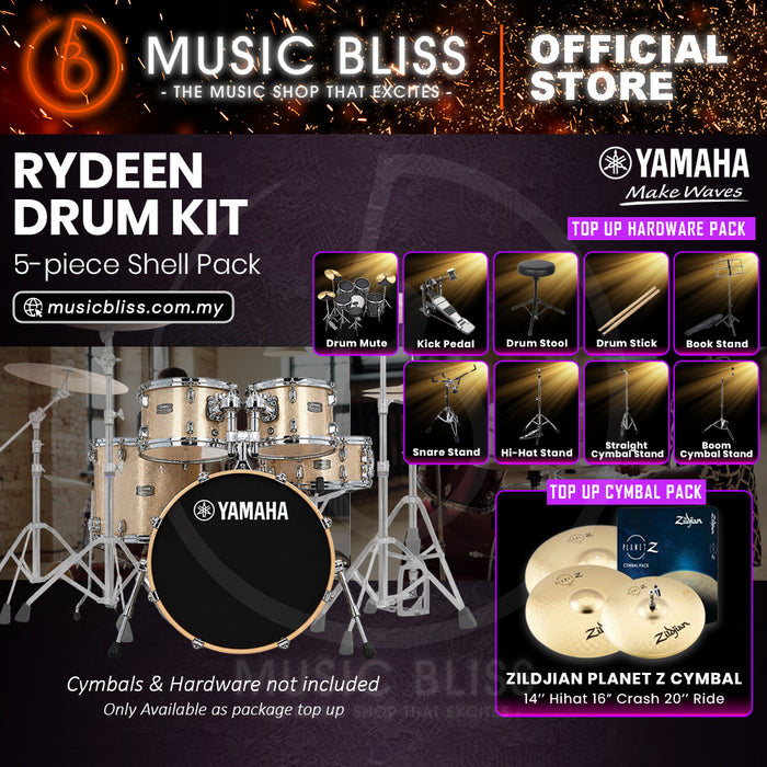 Yamaha Rydeen 5-Piece Acoustic Drum Kit – 20" Bass Drum – Shell Pack Only or Complete Package with Hardware & Cymbals - Champagne Glitter