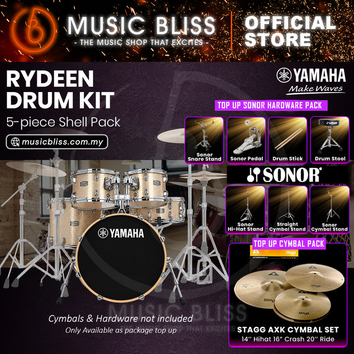 Yamaha Rydeen 5-Piece Acoustic Drum Kit – 20" Bass Drum – Shell Pack Only or Complete Package with Hardware & Cymbals - Champagne Glitter