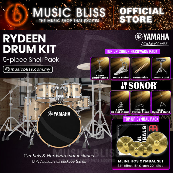 Yamaha Rydeen 5-Piece Acoustic Drum Kit – 20" Bass Drum – Shell Pack Only or Complete Package with Hardware & Cymbals - Champagne Glitter
