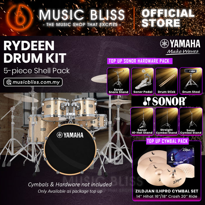 Yamaha Rydeen 5-Piece Acoustic Drum Kit – 20" Bass Drum – Shell Pack Only or Complete Package with Hardware & Cymbals - Champagne Glitter