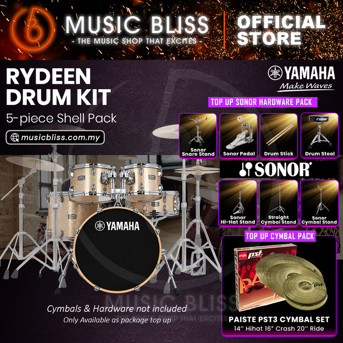 Yamaha Rydeen 5-Piece Acoustic Drum Kit – 20" Bass Drum – Shell Pack Only or Complete Package with Hardware & Cymbals - Champagne Glitter