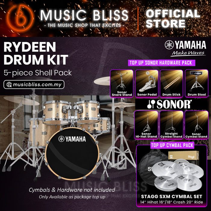 Yamaha Rydeen 5-Piece Acoustic Drum Kit – 20" Bass Drum – Shell Pack Only or Complete Package with Hardware & Cymbals - Champagne Glitter