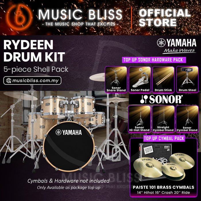 Yamaha Rydeen 5-Piece Acoustic Drum Kit – 20" Bass Drum – Shell Pack Only or Complete Package with Hardware & Cymbals - Champagne Glitter