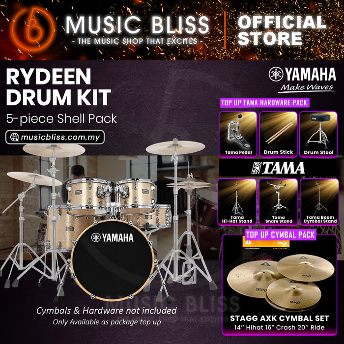 Yamaha Rydeen 5-Piece Acoustic Drum Kit – 20" Bass Drum – Shell Pack Only or Complete Package with Hardware & Cymbals - Champagne Glitter