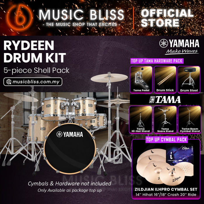 Yamaha Rydeen 5-Piece Acoustic Drum Kit – 20" Bass Drum – Shell Pack Only or Complete Package with Hardware & Cymbals - Champagne Glitter