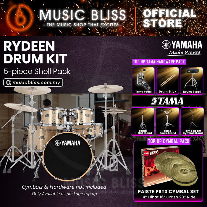 Yamaha Rydeen 5-Piece Acoustic Drum Kit – 20" Bass Drum – Shell Pack Only or Complete Package with Hardware & Cymbals - Champagne Glitter