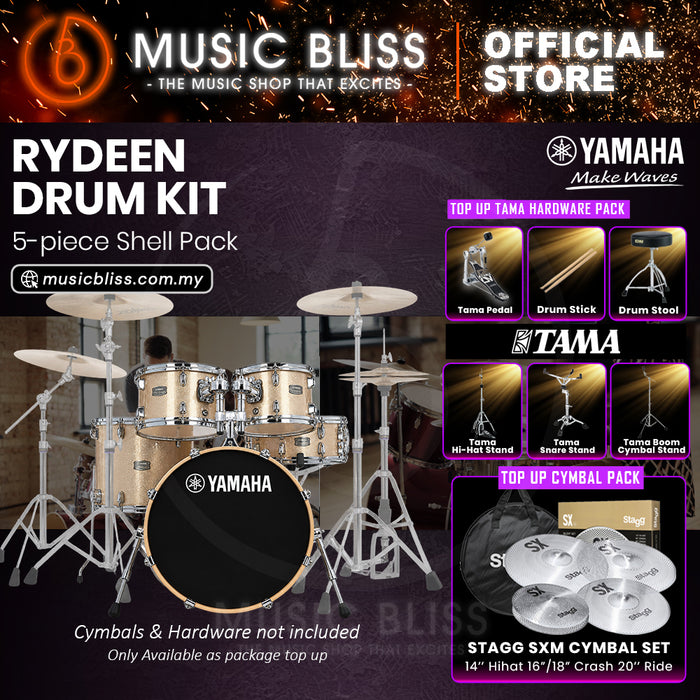Yamaha Rydeen 5-Piece Acoustic Drum Kit – 20" Bass Drum – Shell Pack Only or Complete Package with Hardware & Cymbals - Champagne Glitter
