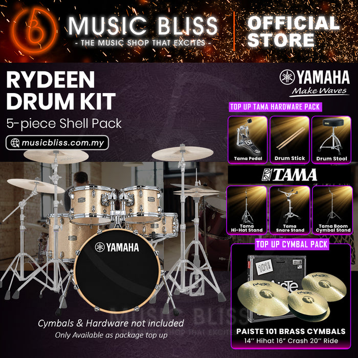 Yamaha Rydeen 5-Piece Acoustic Drum Kit – 20" Bass Drum – Shell Pack Only or Complete Package with Hardware & Cymbals - Champagne Glitter