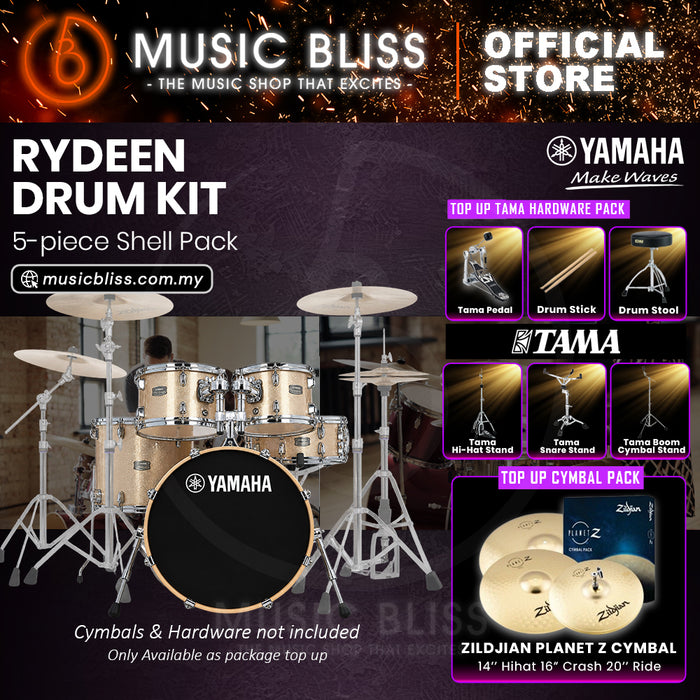 Yamaha Rydeen 5-Piece Acoustic Drum Kit – 20" Bass Drum – Shell Pack Only or Complete Package with Hardware & Cymbals - Champagne Glitter