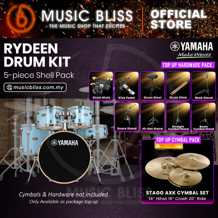 Yamaha Rydeen 5-Piece Acoustic Drum Kit – 20" Bass Drum – Shell Pack Only or Complete Package with Hardware & Cymbals - Gloss Pale Blue