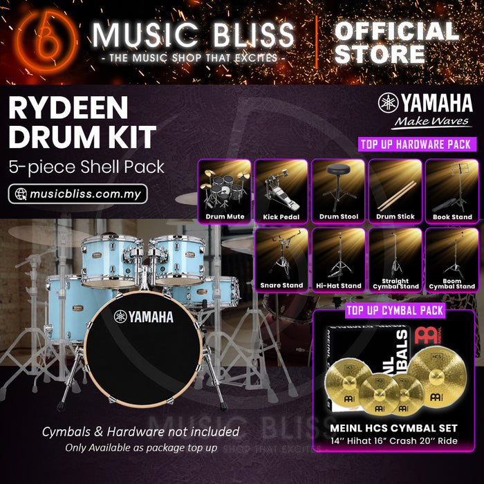 Yamaha Rydeen 5-Piece Acoustic Drum Kit – 20" Bass Drum – Shell Pack Only or Complete Package with Hardware & Cymbals - Gloss Pale Blue
