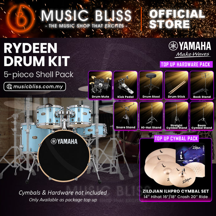 Yamaha Rydeen 5-Piece Acoustic Drum Kit – 20" Bass Drum – Shell Pack Only or Complete Package with Hardware & Cymbals - Gloss Pale Blue