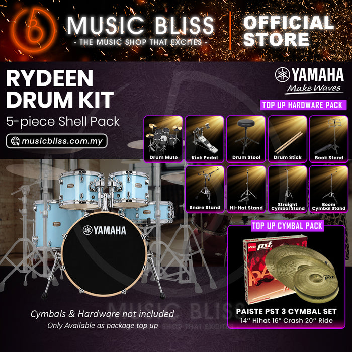 Yamaha Rydeen 5-Piece Acoustic Drum Kit – 20" Bass Drum – Shell Pack Only or Complete Package with Hardware & Cymbals - Gloss Pale Blue