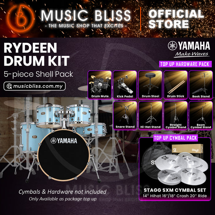 Yamaha Rydeen 5-Piece Acoustic Drum Kit – 20" Bass Drum – Shell Pack Only or Complete Package with Hardware & Cymbals - Gloss Pale Blue