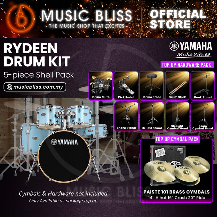 Yamaha Rydeen 5-Piece Acoustic Drum Kit – 20" Bass Drum – Shell Pack Only or Complete Package with Hardware & Cymbals - Gloss Pale Blue