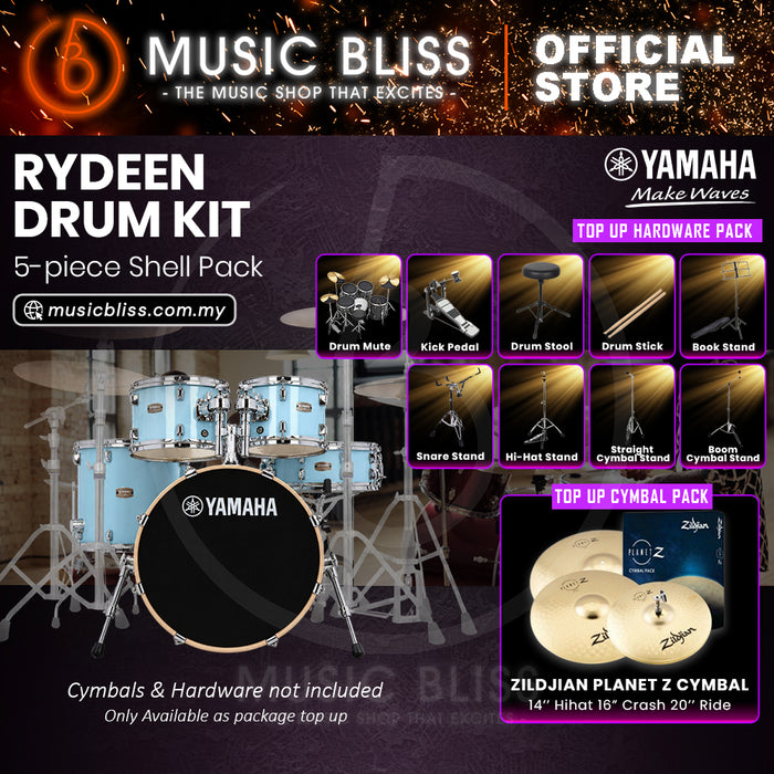 Yamaha Rydeen 5-Piece Acoustic Drum Kit – 20" Bass Drum – Shell Pack Only or Complete Package with Hardware & Cymbals - Gloss Pale Blue