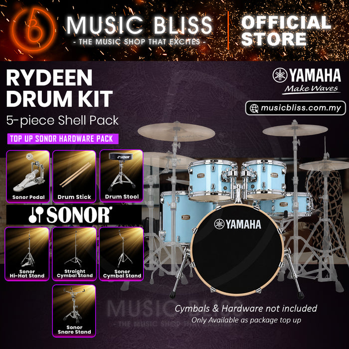 Yamaha Rydeen 5-Piece Acoustic Drum Kit – 20" Bass Drum – Shell Pack Only or Complete Package with Hardware & Cymbals - Gloss Pale Blue