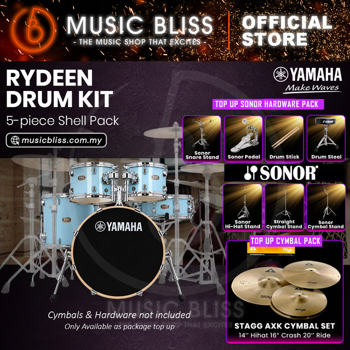 Yamaha Rydeen 5-Piece Acoustic Drum Kit – 20" Bass Drum – Shell Pack Only or Complete Package with Hardware & Cymbals - Gloss Pale Blue