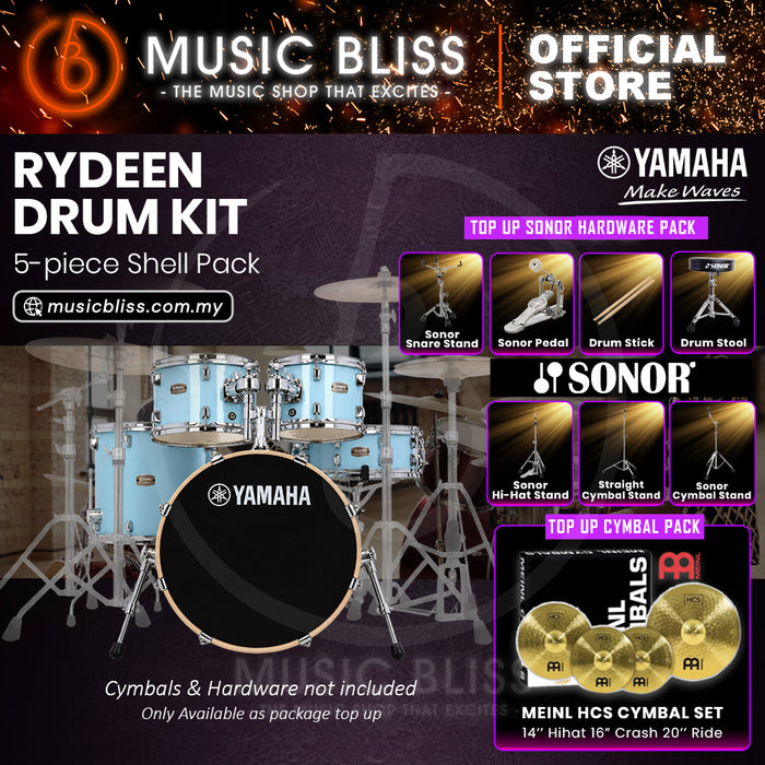 Yamaha Rydeen 5-Piece Acoustic Drum Kit – 20" Bass Drum – Shell Pack Only or Complete Package with Hardware & Cymbals - Gloss Pale Blue