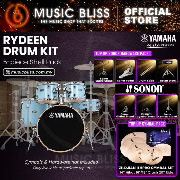 Yamaha Rydeen 5-Piece Acoustic Drum Kit – 20" Bass Drum – Shell Pack Only or Complete Package with Hardware & Cymbals - Gloss Pale Blue