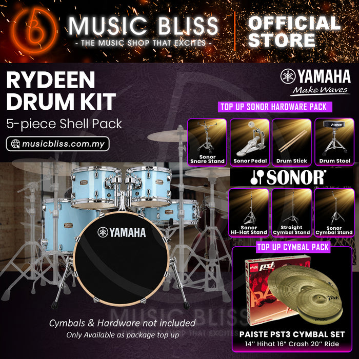 Yamaha Rydeen 5-Piece Acoustic Drum Kit – 20" Bass Drum – Shell Pack Only or Complete Package with Hardware & Cymbals - Gloss Pale Blue