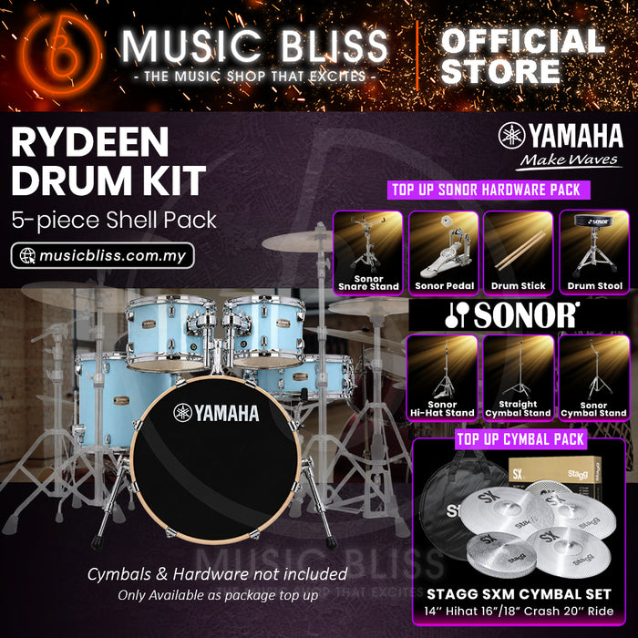 Yamaha Rydeen 5-Piece Acoustic Drum Kit – 20" Bass Drum – Shell Pack Only or Complete Package with Hardware & Cymbals - Gloss Pale Blue
