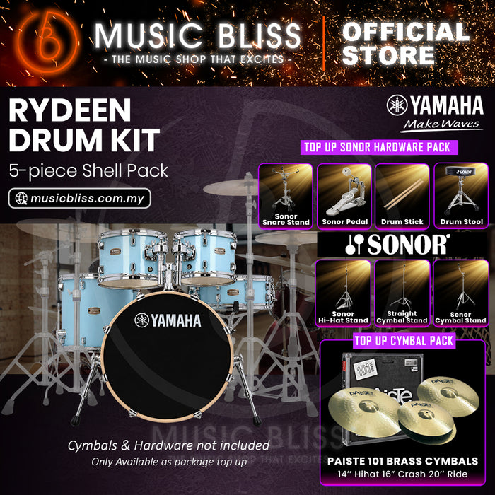 Yamaha Rydeen 5-Piece Acoustic Drum Kit – 20" Bass Drum – Shell Pack Only or Complete Package with Hardware & Cymbals - Gloss Pale Blue