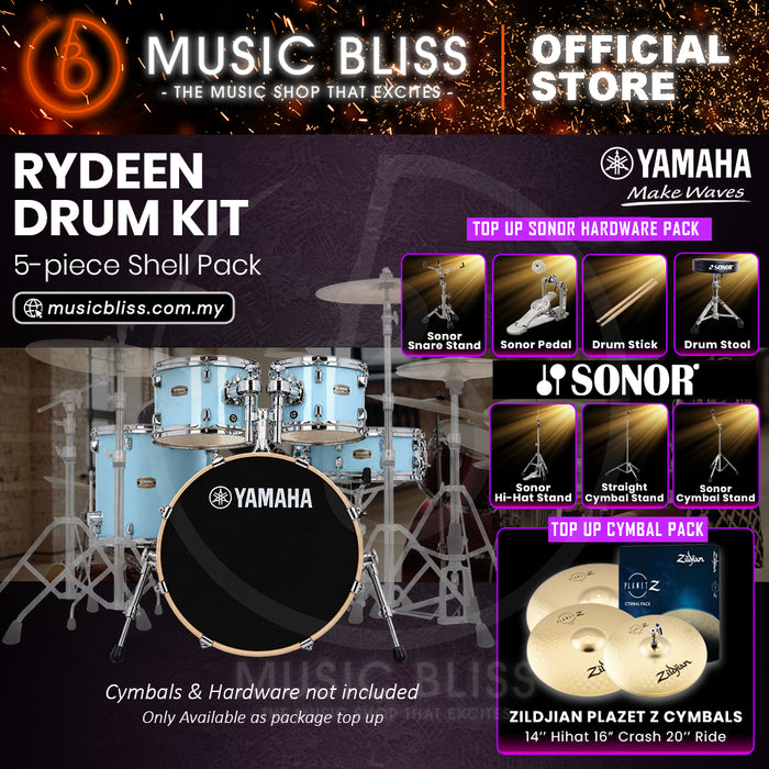 Yamaha Rydeen 5-Piece Acoustic Drum Kit – 20" Bass Drum – Shell Pack Only or Complete Package with Hardware & Cymbals - Gloss Pale Blue