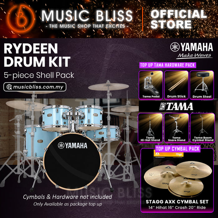 Yamaha Rydeen 5-Piece Acoustic Drum Kit – 20" Bass Drum – Shell Pack Only or Complete Package with Hardware & Cymbals - Gloss Pale Blue