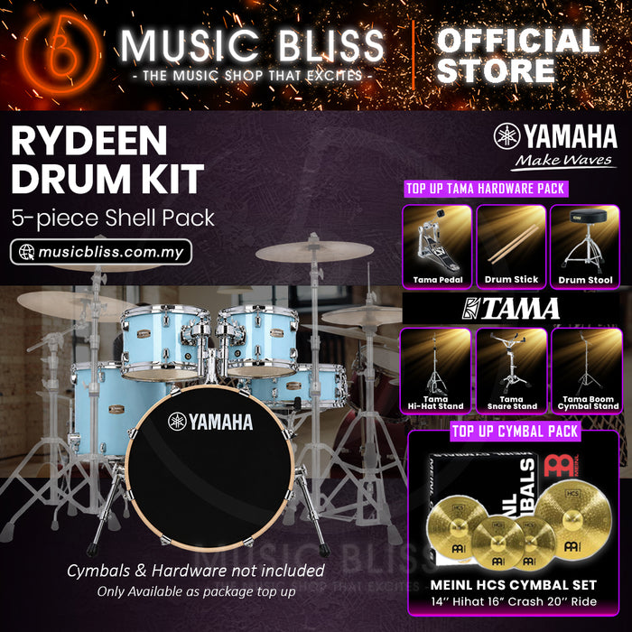 Yamaha Rydeen 5-Piece Acoustic Drum Kit – 20" Bass Drum – Shell Pack Only or Complete Package with Hardware & Cymbals - Gloss Pale Blue